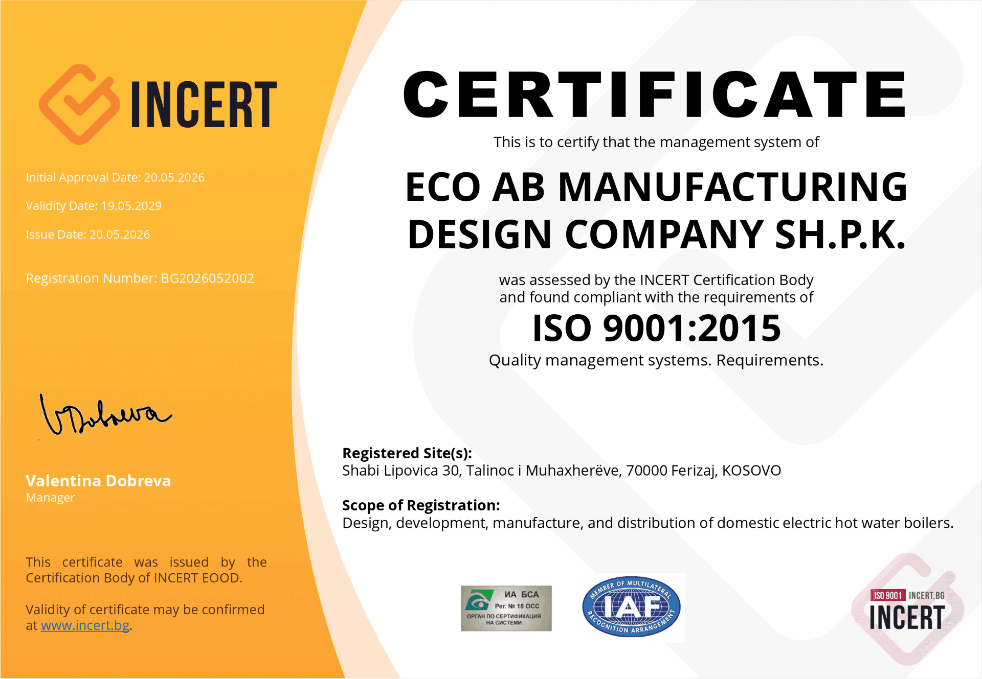 ISO 9001:2015 Certificate of Registration issued to Eco AB Plus